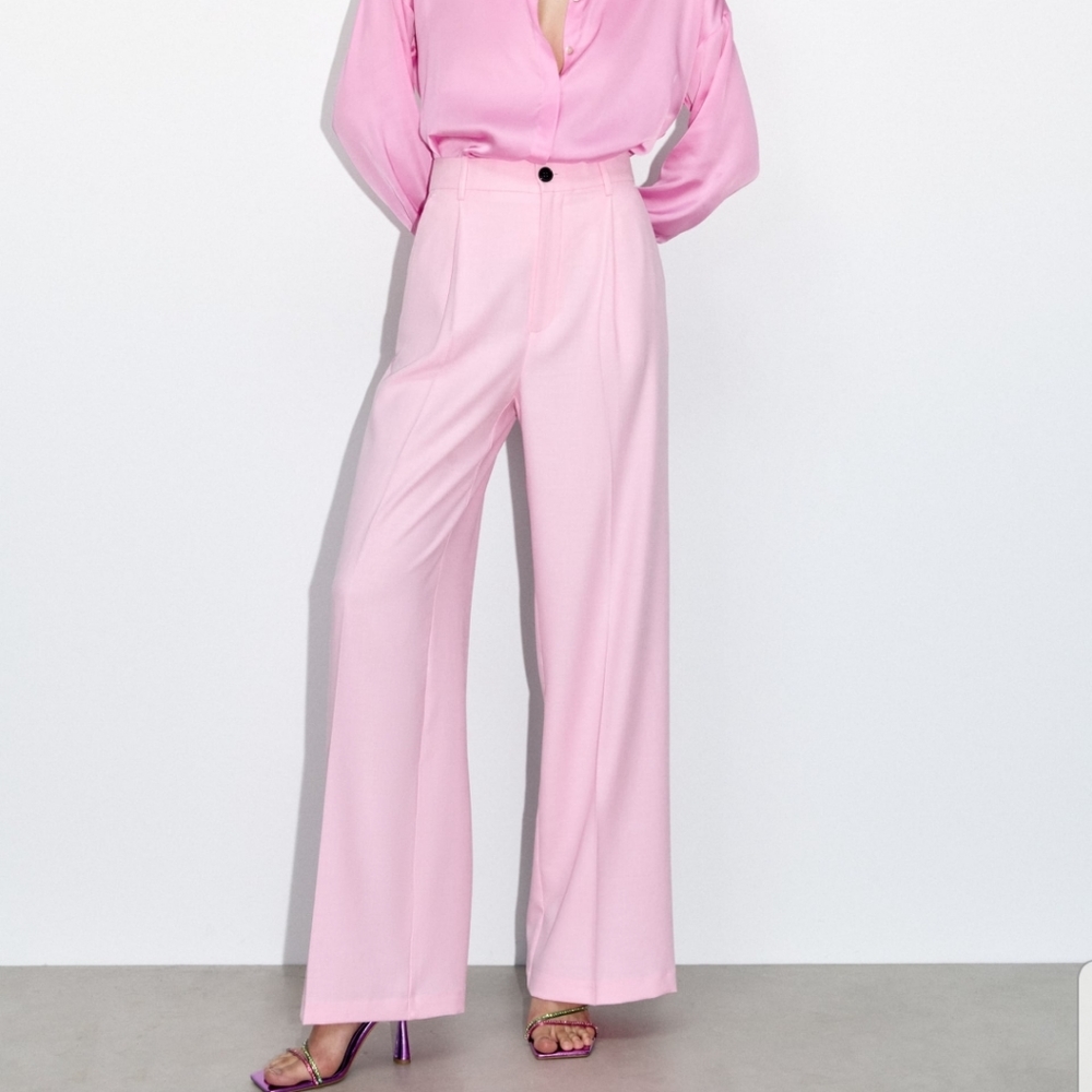 Zara pink high waisted wide leg menswear style pants trousers sz Small